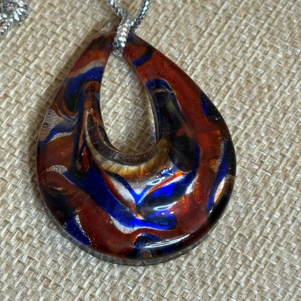 Artisan Murano Style Blue & Amber Copper Tone Glass Teardrop Pendant
